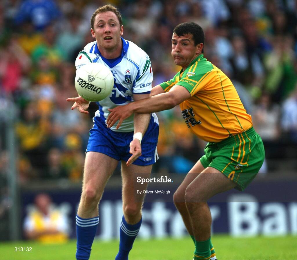 24 July 2008; Vincent Corey, Monaghan, in action against Kevin Rafferty, Donegal. GAA Football All-Ireland Senior Championship Qualifier - Round 2, Donegal v Monaghan, Ballybofey, Co. Donegal. Picture credit: Oliver McVeigh / SPORTSFILE