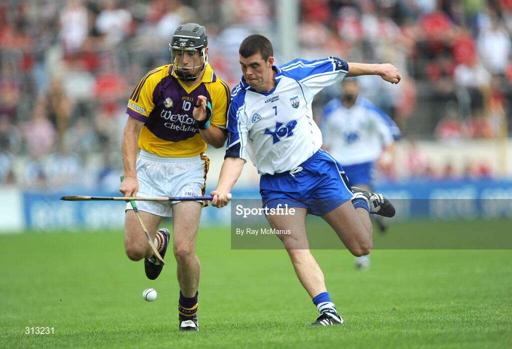 27 July 2008; P.J. Nolan, Wexford, in action against Bryan Phelan, Waterford. GAA Hurling All-Ireland Senior Championship Quarter-Final, Wexford v Waterford, Semple Stadium, Thurles, Co. Tipperary. Picture credit: Ray McManus / SPORTSFILE