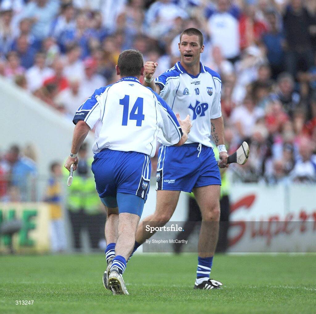 27 July 2008; Eoin Kelly, Waterford, celebrates with team-mate Dan Shanahan, right, after scoring his side's first goal. GAA Hurling All-Ireland Senior Championship Quarter-Final, Wexford v Waterford, Semple Stadium, Thurles, Co. Tipperary. Picture credit: Stephen McCarthy / SPORTSFILE