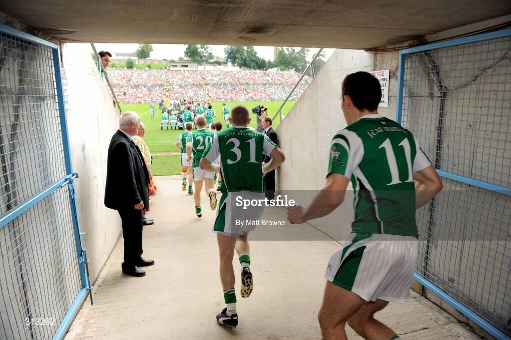 27 July 2008; The Fermanagh players make their way onto the field for the start of the game. GAA Football Ulster Senior Championship Final, Armagh v Fermanagh, St Tighearnach's Park, Clones, Co. Monaghan. Picture credit: Matt Browne / SPORTSFILE