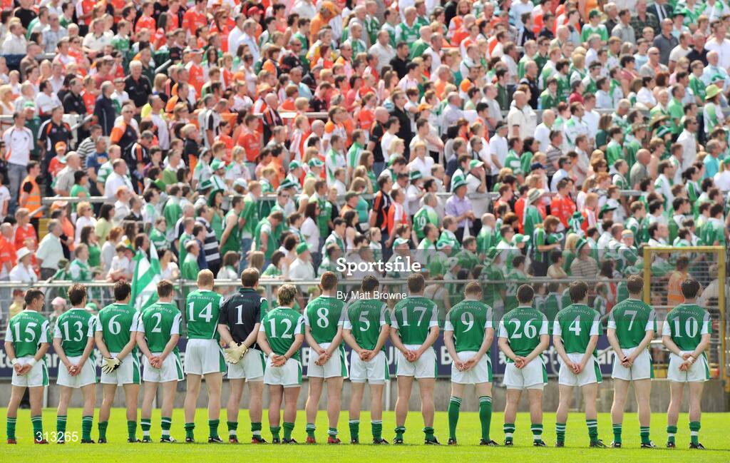 27 July 2008; The Fermanagh team stand for the National Anthem. GAA Football Ulster Senior Championship Final, Armagh v Fermanagh, St Tighearnach's Park, Clones, Co. Monaghan. Picture credit: Matt Browne / SPORTSFILE