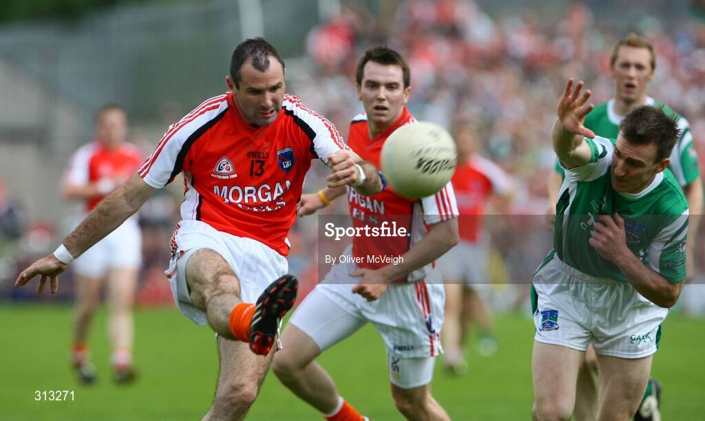 27 July 2008; Steven McDonnell, Armagh, in action against Shane Goan, Fermanagh. GAA Football Ulster Senior Championship Final replay, Armagh v Fermanagh, St Tighearnach's Park, Clones, Co. Monaghan. Picture credit: Oliver McVeigh / SPORTSFILE *** Local Caption *** S0807107 Armagh v Fermanagh OMcV