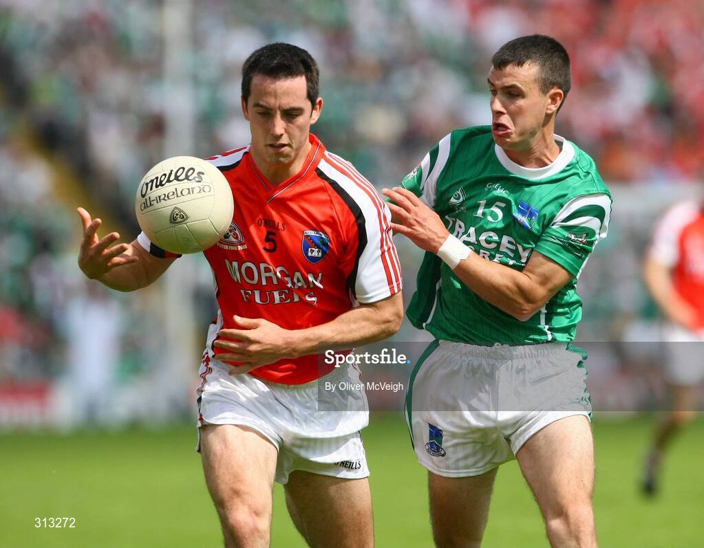 27 July 2008; Aaron Kernan, Armagh, in action against Mark Little, Fermanagh. GAA Football Ulster Senior Championship Final replay, Armagh v Fermanagh, St Tighearnach's Park, Clones, Co. Monaghan. Picture credit: Oliver McVeigh / SPORTSFILE *** Local Caption *** S0807107 Armagh v Fermanagh OMcV
