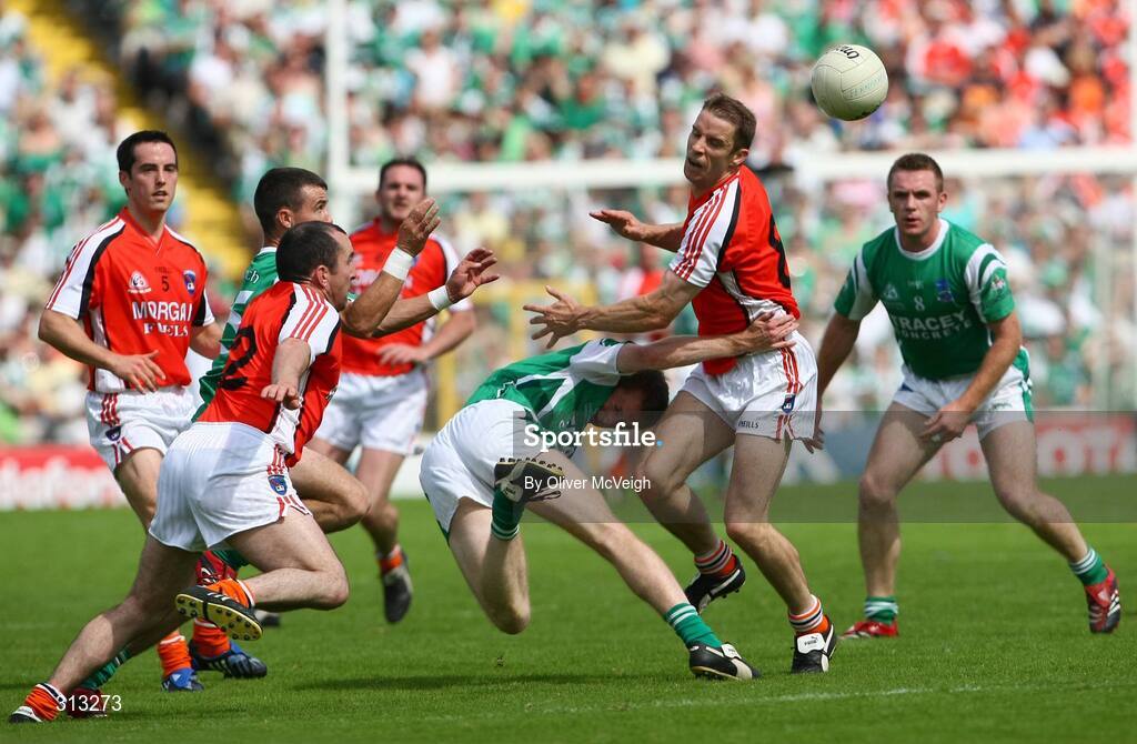 27 July 2008; Paul McGrane, Armagh, in action against Ciaran McElroy, Fermanagh. GAA Football Ulster Senior Championship Final replay, Armagh v Fermanagh, St Tighearnach's Park, Clones, Co. Monaghan. Picture credit: Oliver McVeigh / SPORTSFILE *** Local Caption *** S0807107 Armagh v Fermanagh OMcV