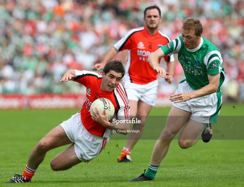 27 July 2008; Brian Mallon, Armagh, in action against Tommy McElroy, Fermanagh. GAA Football Ulster Senior Championship Final replay, Armagh v Fermanagh, St Tighearnach's Park, Clones, Co. Monaghan. Picture credit: Oliver McVeigh / SPORTSFILE *** Local Caption *** S0807107 Armagh v Fermanagh OMcV