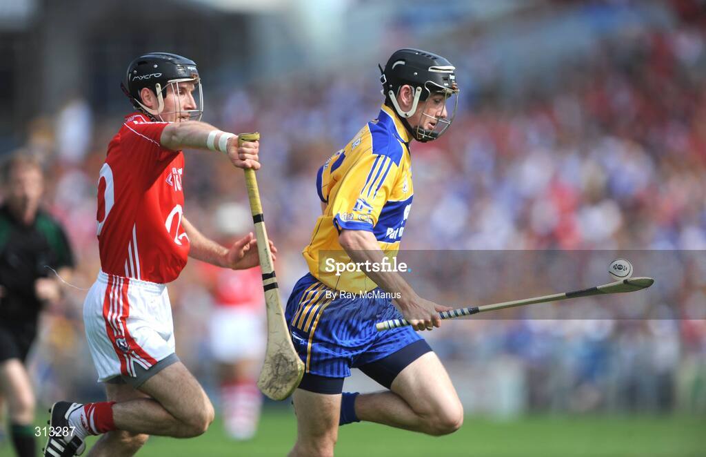 27 July 2008; Patrick Donnellan, Clare, in action against Ben O'Connor, Cork. GAA Hurling All-Ireland Senior Championship Quarter-Final, Clare v Cork, Semple Stadium, Thurles, Co. Tipperary. Picture credit: Ray McManus / SPORTSFILE