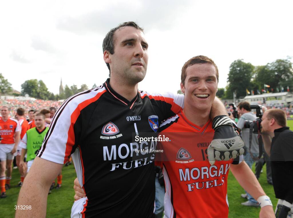 27 July 2008; Armagh's Paul Hearty, left, and team-mate Paul Kernan celebrate after the final whistle. GAA Football Ulster Senior Championship Final, Armagh v Fermanagh, St Tighearnach's Park, Clones, Co. Monaghan. Picture credit: Matt Browne / SPORTSFILE