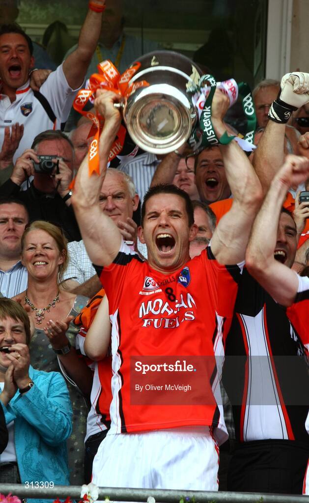 27 July 2008; Armagh captain Paul McGrane lifts the cup. GAA Football Ulster Senior Championship Final replay, Armagh v Fermanagh, St Tighearnach's Park, Clones, Co. Monaghan. Picture credit: Oliver McVeigh / SPORTSFILE *** Local Caption *** S0807107 Armagh v Fermanagh OMcV