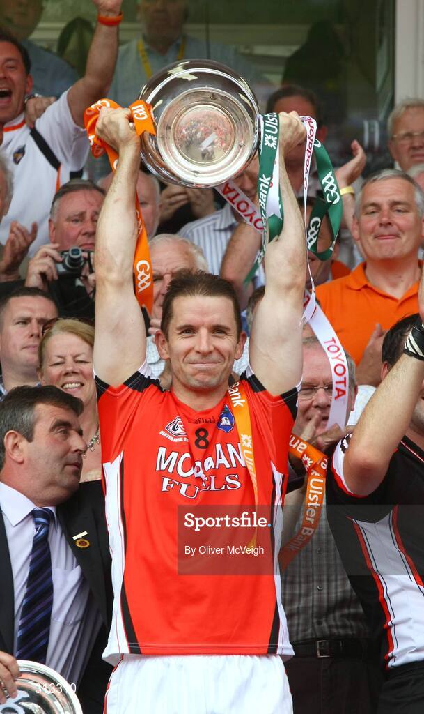 27 July 2008; Armagh captain Paul McGrane lifts the cup. GAA Football Ulster Senior Championship Final replay, Armagh v Fermanagh, St Tighearnach's Park, Clones, Co. Monaghan. Picture credit: Oliver McVeigh / SPORTSFILE *** Local Caption *** S0807107 Armagh v Fermanagh OMcV