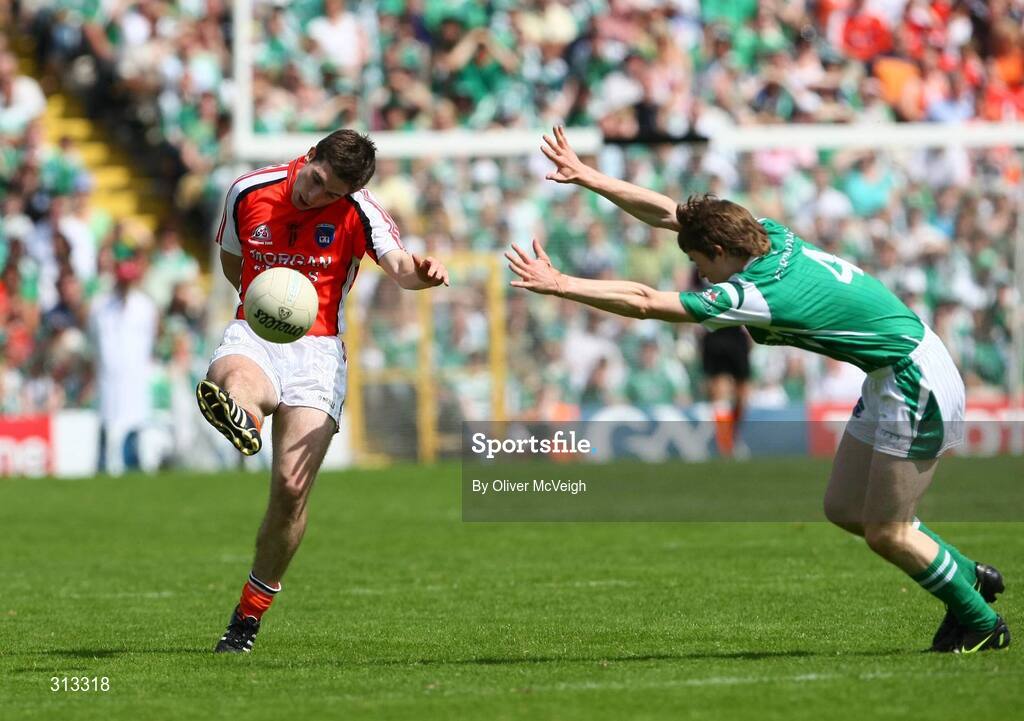 27 July 2008; Brian Mallon, Armagh, in action against Peter Sherry, Fermanagh. GAA Football Ulster Senior Championship Final replay, Armagh v Fermanagh, St Tighearnach's Park, Clones, Co. Monaghan. Picture credit: Oliver McVeigh / SPORTSFILE *** Local Caption *** S0807107 Armagh v Fermanagh OMcV