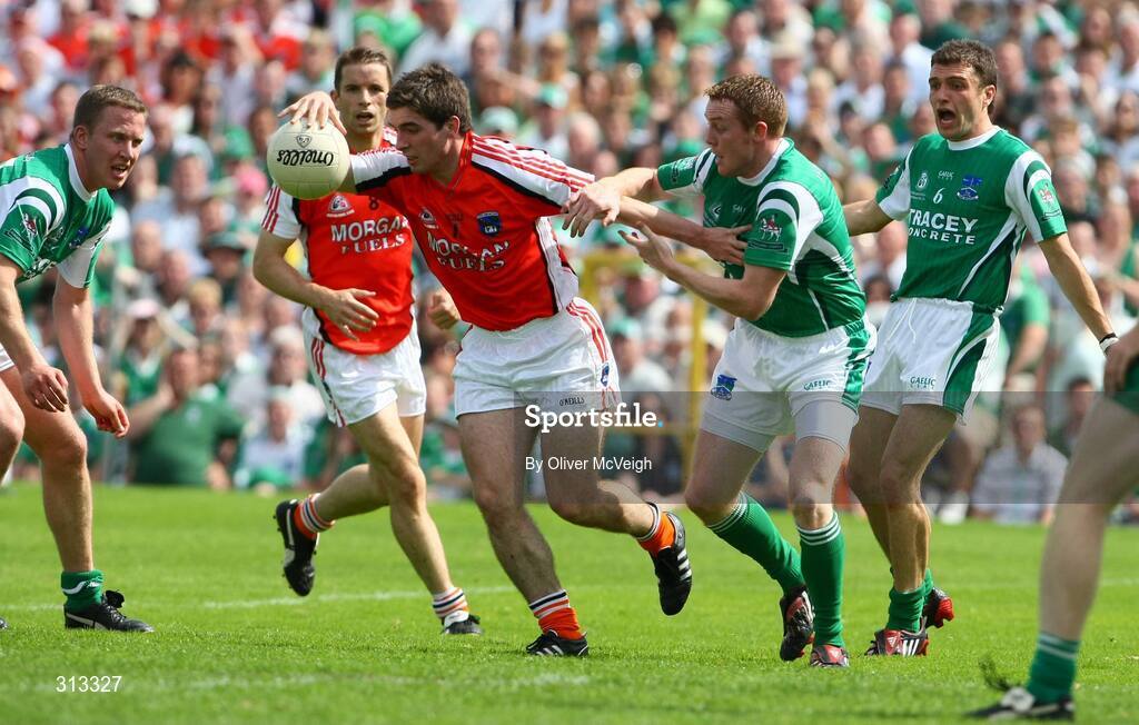 27 July 2008; Brian Mallon, Armagh, in action against Mark Murphy, Fermanagh. GAA Football Ulster Senior Championship Final replay, Armagh v Fermanagh, St Tighearnach's Park, Clones, Co. Monaghan. Picture credit: Oliver McVeigh / SPORTSFILE *** Local Caption *** S0807107 Armagh v Fermanagh OMcV