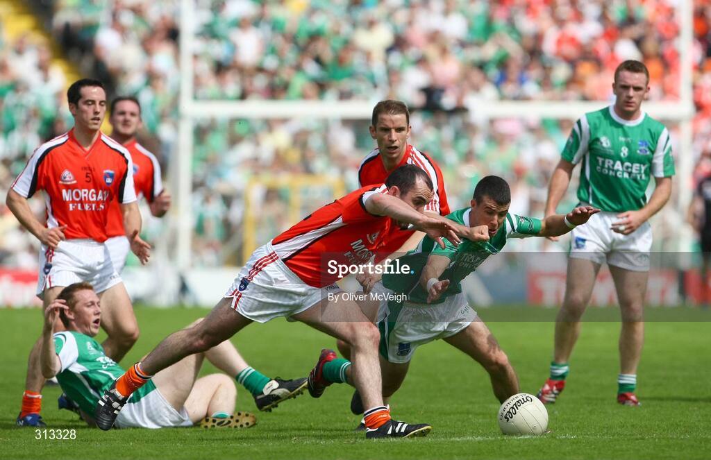 27 July 2008; Martin O'Rourke, Armagh, in action against Mark Little, Fermanagh. GAA Football Ulster Senior Championship Final replay, Armagh v Fermanagh, St Tighearnach's Park, Clones, Co. Monaghan. Picture credit: Oliver McVeigh / SPORTSFILE *** Local Caption *** S0807107 Armagh v Fermanagh OMcV