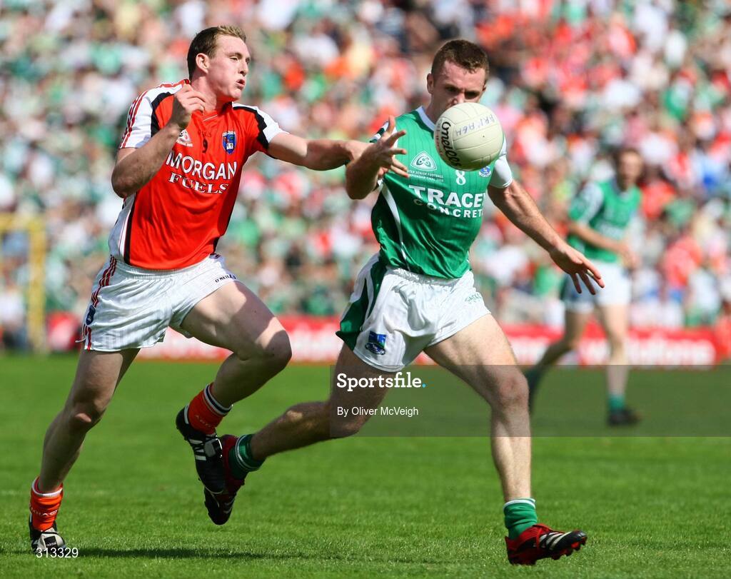 27 July 2008; Martin McGrath, Fermanagh, in action against Kieran Toner, Armagh. GAA Football Ulster Senior Championship Final replay, Armagh v Fermanagh, St Tighearnach's Park, Clones, Co. Monaghan. Picture credit: Oliver McVeigh / SPORTSFILE *** Local Caption *** S0807107 Armagh v Fermanagh OMcV