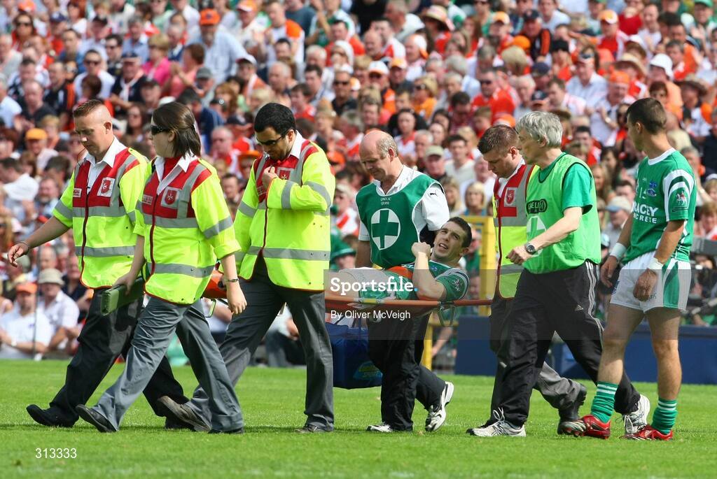 27 July 2008; Fermanagh's Barry Owens is carried off the field with an injury. GAA Football Ulster Senior Championship Final replay, Armagh v Fermanagh, St Tighearnach's Park, Clones, Co. Monaghan. Picture credit: Oliver McVeigh / SPORTSFILE *** Local Caption *** S0807107 Armagh v Fermanagh OMcV