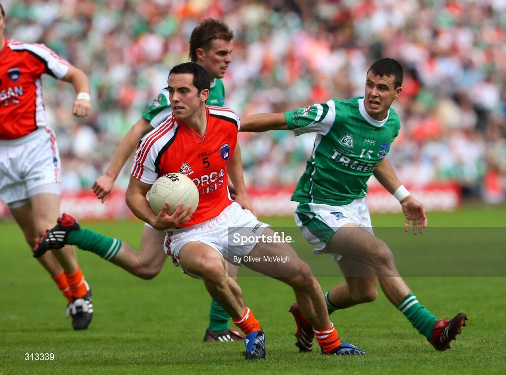 27 July 2008; Aaron Kernan, Armagh, in action against Mark Little, Fermanagh. GAA Football Ulster Senior Championship Final replay, Armagh v Fermanagh, St Tighearnach's Park, Clones, Co. Monaghan. Picture credit: Oliver McVeigh / SPORTSFILE *** Local Caption *** S0807107 Armagh v Fermanagh OMcV