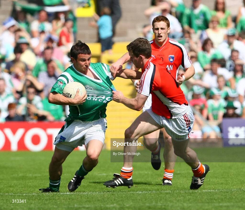 27 July 2008; Shane McCabe, Fermanagh, in action against Finnian Moriarty, Armagh. GAA Football Ulster Senior Championship Final replay, Armagh v Fermanagh, St Tighearnach's Park, Clones, Co. Monaghan. Picture credit: Oliver McVeigh / SPORTSFILE *** Local Caption *** S0807107 Armagh v Fermanagh OMcV