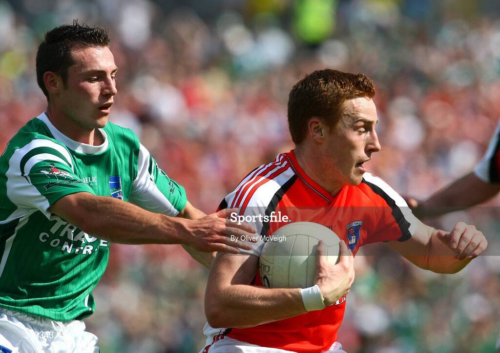 27 July 2008; Charlie Vernon, Armagh, in action against Damien Kelly, Fermanagh. GAA Football Ulster Senior Championship Final replay, Armagh v Fermanagh, St Tighearnach's Park, Clones, Co. Monaghan. Picture credit: Oliver McVeigh / SPORTSFILE *** Local Caption *** S0807107 Armagh v Fermanagh OMcV