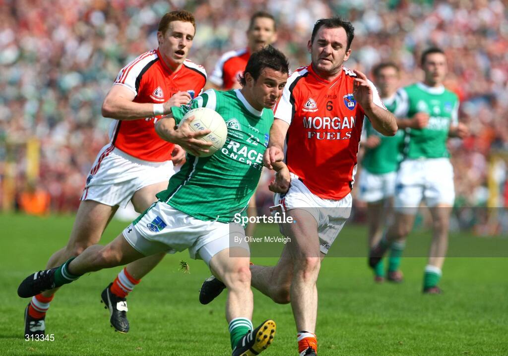 27 July 2008; Shane McCabe, Fermanagh, in action against Aidan O'Rourke, Armagh. GAA Football Ulster Senior Championship Final replay, Armagh v Fermanagh, St Tighearnach's Park, Clones, Co. Monaghan. Picture credit: Oliver McVeigh / SPORTSFILE *** Local Caption *** S0807107 Armagh v Fermanagh OMcV
