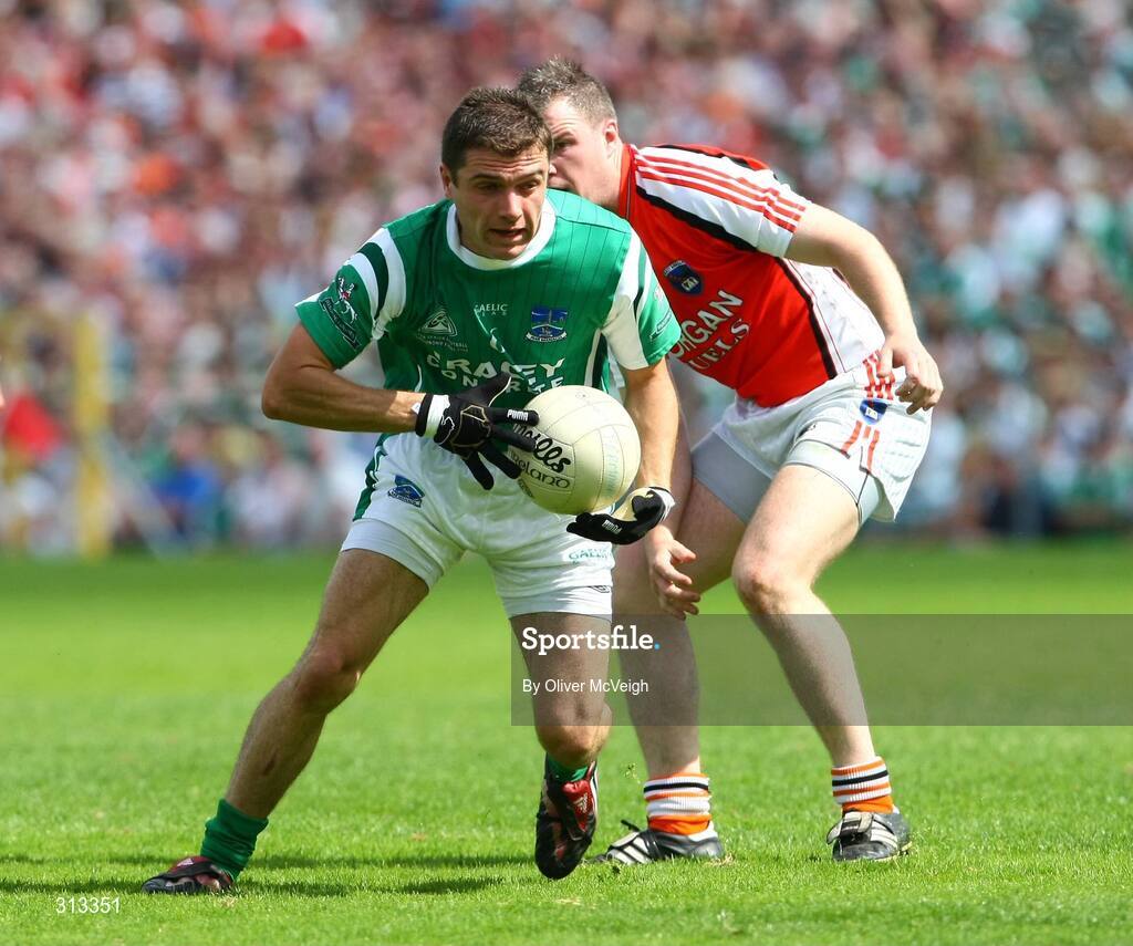 27 July 2008; Ryan McCluskey, Fermanagh, in action against Ronan Clarke, Armagh. GAA Football Ulster Senior Championship Final replay, Armagh v Fermanagh, St Tighearnach's Park, Clones, Co. Monaghan. Picture credit: Oliver McVeigh / SPORTSFILE *** Local Caption *** S0807107 Armagh v Fermanagh OMcV
