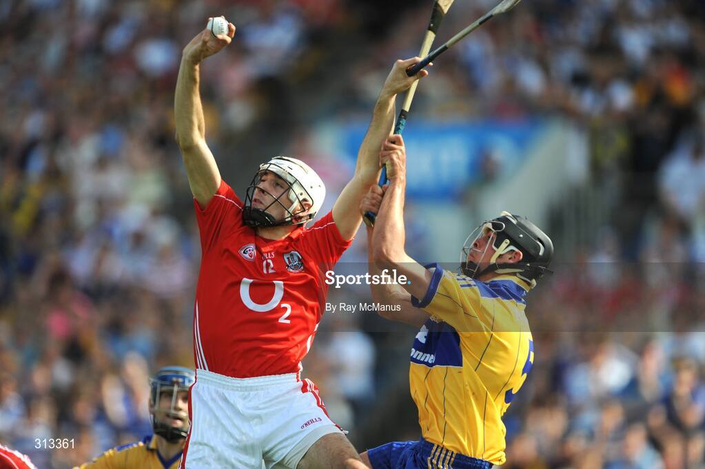 27 July 2008; Patrick Cronin, Cork, in action against Brendan Bugler, Clare. GAA Hurling All-Ireland Senior Championship Quarter-Final, Clare v Cork, Semple Stadium, Thurles, Co. Tipperary. Picture credit: Ray McManus / SPORTSFILE