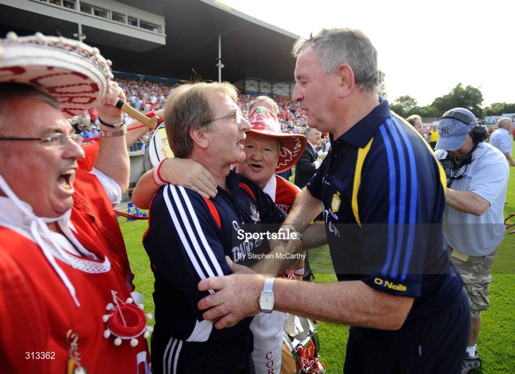 27 July 2008; Cork manager Gerald McCarthy, left, is congratulated by Clare manager Mike McNamara after the game. GAA Hurling All-Ireland Senior Championship Quarter-Final, Clare v Cork, Semple Stadium, Thurles, Co. Tipperary. Picture credit: Stephen McCarthy / SPORTSFILE