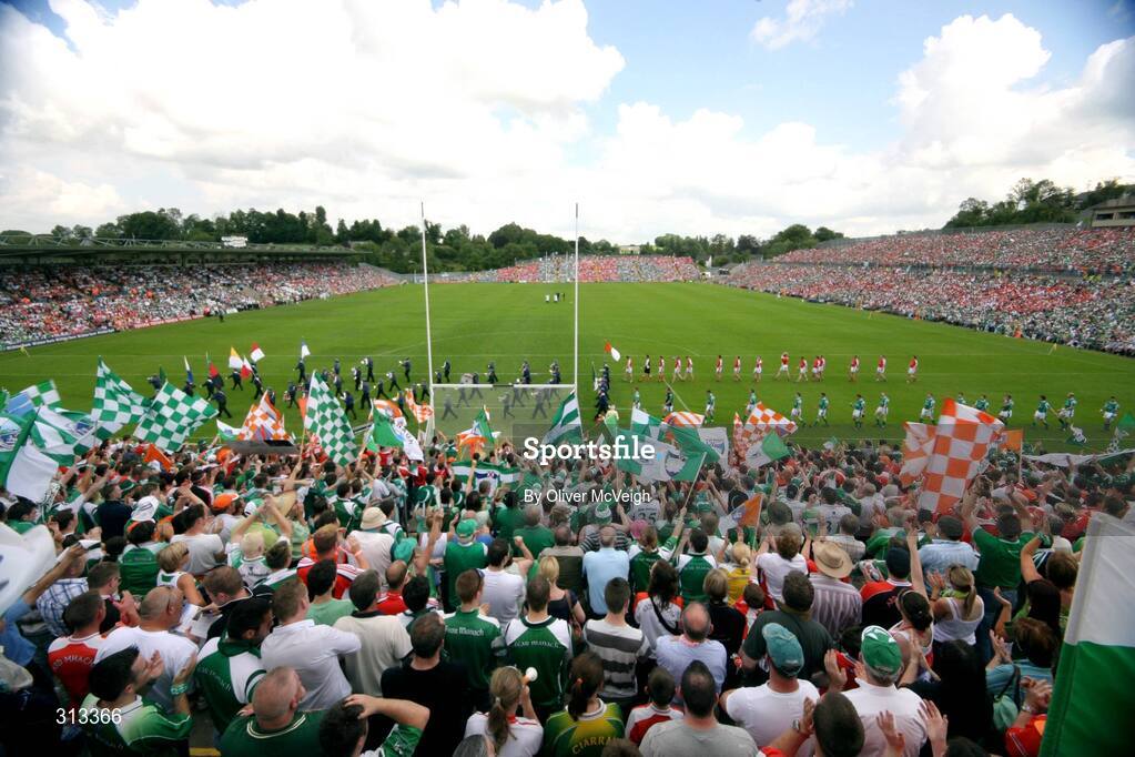 27 July 2008; The Armagh and Fermanagh teams in the parade before the game. GAA Football Ulster Senior Championship Final replay, Armagh v Fermanagh, St Tighearnach's Park, Clones, Co. Monaghan. Picture credit: Oliver McVeigh / SPORTSFILE *** Local Caption *** S0807107 Armagh v Fermanagh OMcV