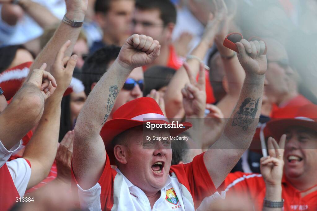 27 July 2008; A Cork supporter celebrates during the final moments of the game. GAA Hurling All-Ireland Senior Championship Quarter-Final, Clare v Cork, Semple Stadium, Thurles, Co. Tipperary. Picture credit: Stephen McCarthy / SPORTSFILE