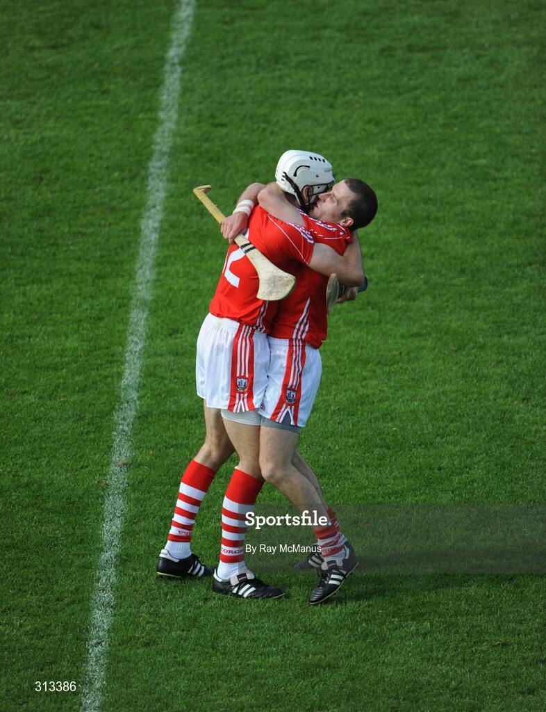 27 July 2008; Cork players Patrick Cronin, left, and Ben O'Connor celebrate victory. GAA Hurling All-Ireland Senior Championship Quarter-Final, Clare v Cork, Semple Stadium, Thurles, Co. Tipperary. Picture credit: Ray McManus / SPORTSFILE