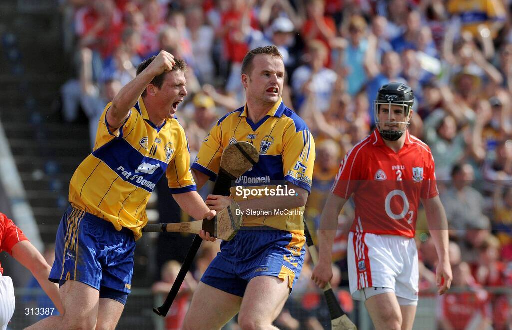 27 July 2008; Diarmuid McMahon, left, Clare, celebrates with team-mate Barry Nugent, who scored the first goal, after scoring his side's second goal. GAA Hurling All-Ireland Senior Championship Quarter-Final, Clare v Cork, Semple Stadium, Thurles, Co. Tipperary. Picture credit: Stephen McCarthy / SPORTSFILE