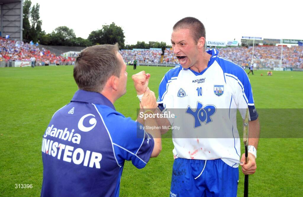 27 July 2008; Dan Shanahan, Waterford, is congratulated by manager Davy Fitzgerald after their side's victory. GAA Hurling All-Ireland Senior Championship Quarter-Final, Wexford v Waterford, Semple Stadium, Thurles, Co. Tipperary. Picture credit: Stephen McCarthy / SPORTSFILE