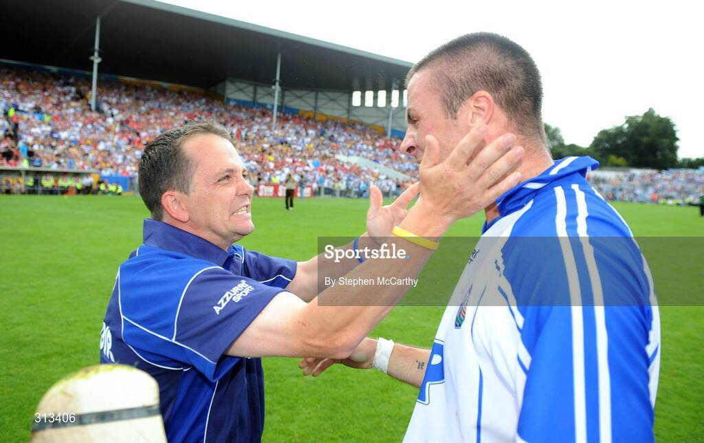 27 July 2008; Dan Shanahan, Waterford, is congratulated by manager Davy Fitzgerald after their side's victory. GAA Hurling All-Ireland Senior Championship Quarter-Final, Wexford v Waterford, Semple Stadium, Thurles, Co. Tipperary. Picture credit: Stephen McCarthy / SPORTSFILE