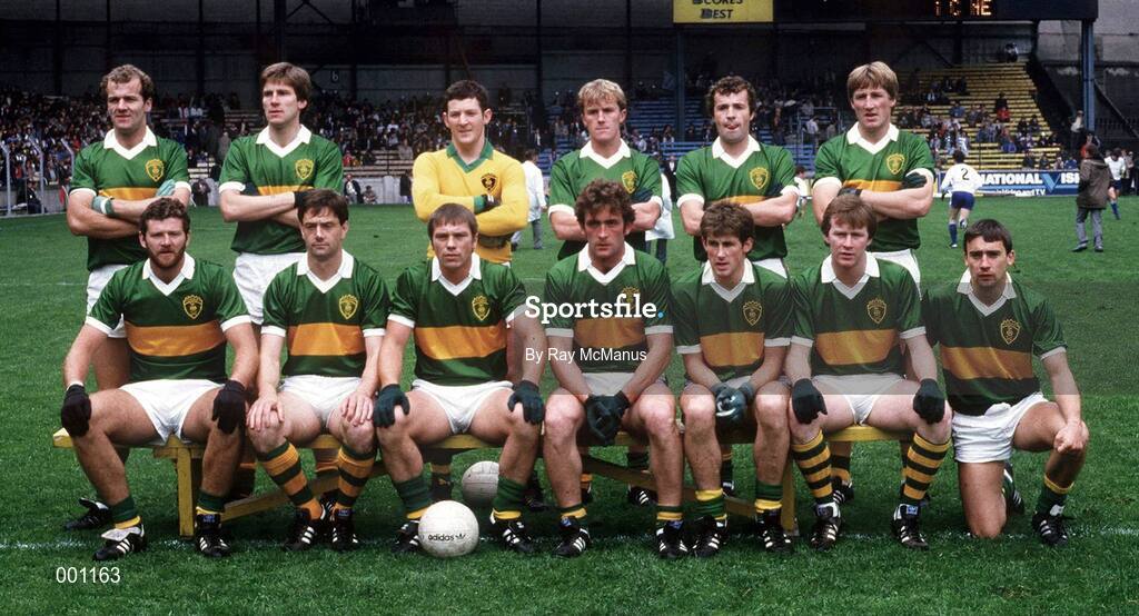 11 August 1985; The Kerry team, back row from left to right, Jack O'Shea, Tom Spillane, Charlie Nelligan, John Higgins, Mikey Sheehy and Pat Spillane. Front row left to right, Eoin Liston, Tommy Doyle, Paidi O Se, Ambrose O'Donovan, Mick Spillane, John Kennedy and Ogie Moran before the All Ireland Football Semi-Final match between Kerry and Monaghan at Croke Park, Dublin. Photo by Ray McManus/Sportsfile