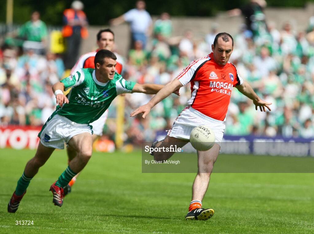 27 July 2008; Martin O'Rourke, Armagh, in action against Mark Little, Fermanagh. GAA Football Ulster Senior Championship Final replay, Armagh v Fermanagh, St Tighearnach's Park, Clones, Co. Monaghan. Picture credit: Oliver McVeigh / SPORTSFILE *** Local Caption *** S0807107 Armagh v Fermanagh OMcV