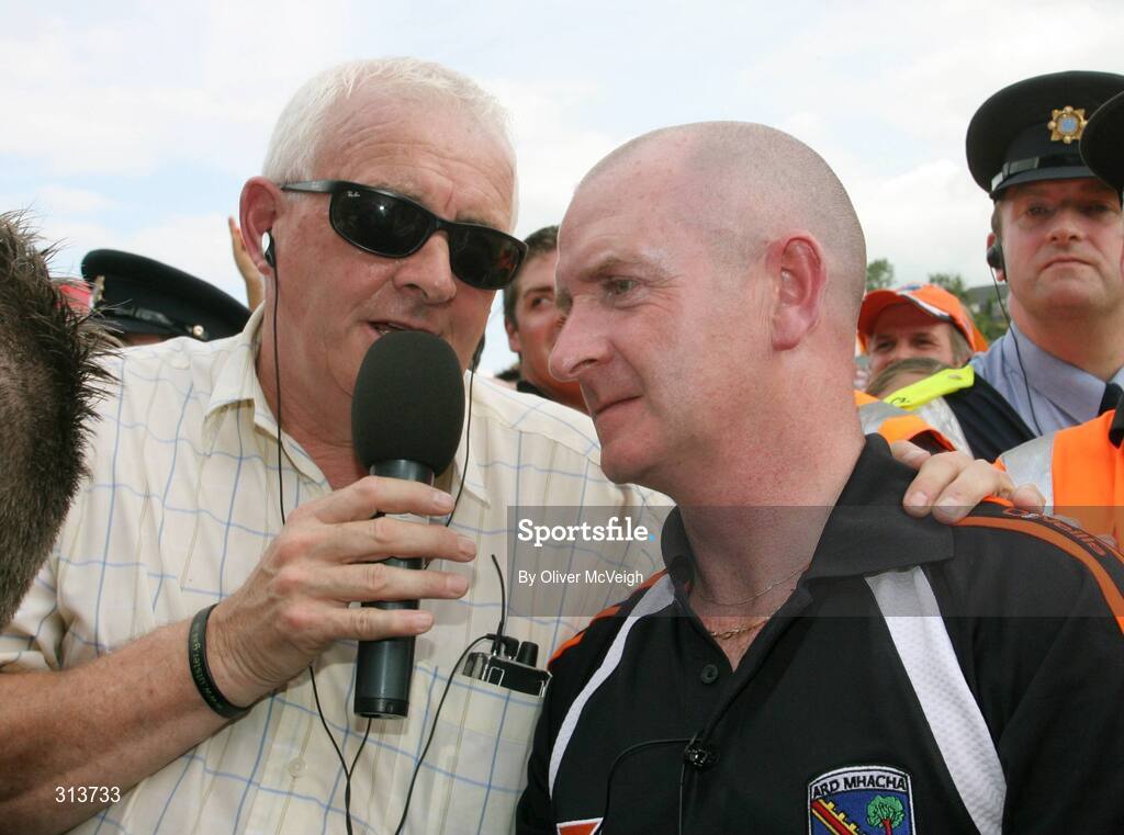 27 July 2008; Armagh manager Peter McDonnell is interviewed for BBC Radio Ulster, by former Armagh great, Jimmy Smyth. GAA Football Ulster Senior Championship Final replay, Armagh v Fermanagh, St Tighearnach's Park, Clones, Co. Monaghan. Picture credit: Oliver McVeigh / SPORTSFILE *** Local Caption *** S0807107 Armagh v Fermanagh OMcV