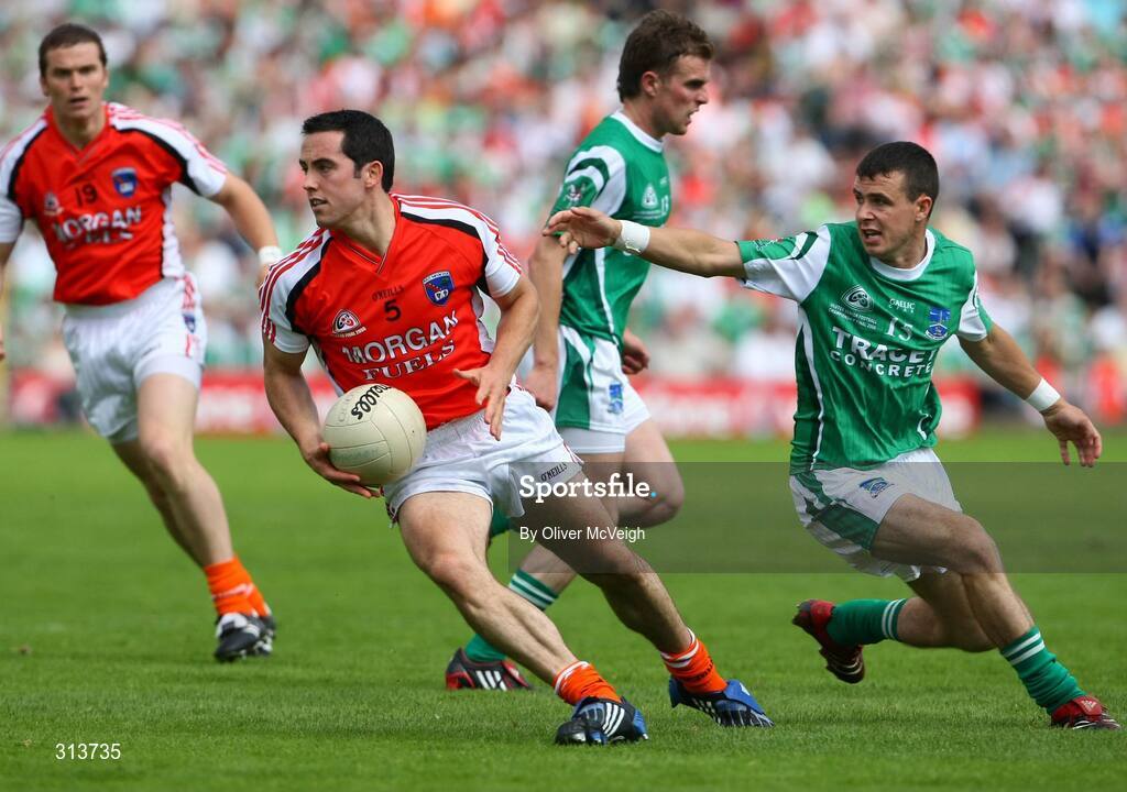 27 July 2008; Aaron Kernan, Armagh, in action against Mark Little, Fermanagh. GAA Football Ulster Senior Championship Final replay, Armagh v Fermanagh, St Tighearnach's Park, Clones, Co. Monaghan. Picture credit: Oliver McVeigh / SPORTSFILE *** Local Caption *** S0807107 Armagh v Fermanagh OMcV