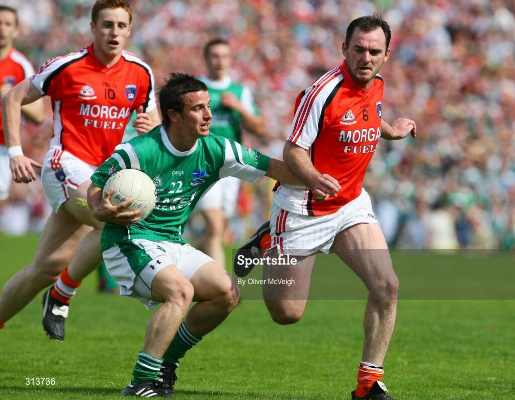27 July 2008; Shane McCabe, Fermanagh, in action against Aidan O'Rourke, Armagh. GAA Football Ulster Senior Championship Final replay, Armagh v Fermanagh, St Tighearnach's Park, Clones, Co. Monaghan. Picture credit: Oliver McVeigh / SPORTSFILE *** Local Caption *** S0807107 Armagh v Fermanagh OMcV