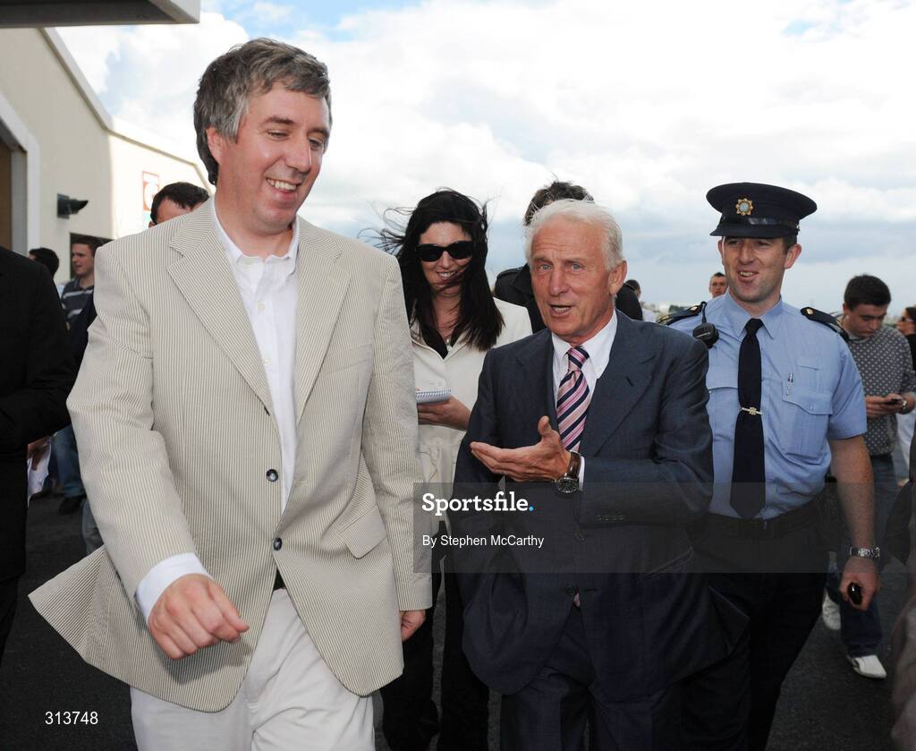 29 July 2008; Republic of Ireland manager Giovanni Trapattoni arrives for the the second day of the Galway Racing Festival accompanied by FAI Chief Executive John Delaney. Galway Racing Festival - Tuesday, Ballybrit, Galway. Picture credit: Stephen McCarthy / SPORTSFILE
