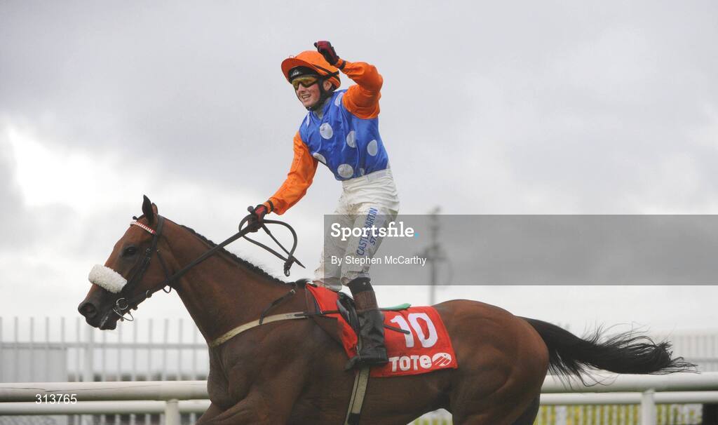 29 July 2008; Chris Hayes celebrates after crossing the line to win the Tote Galway Mile European Breeders Fund Handicap, onboard Celtic Dane. Galway Racing Festival - Tuesday, Ballybrit, Galway. Picture credit: Stephen McCarthy / SPORTSFILE