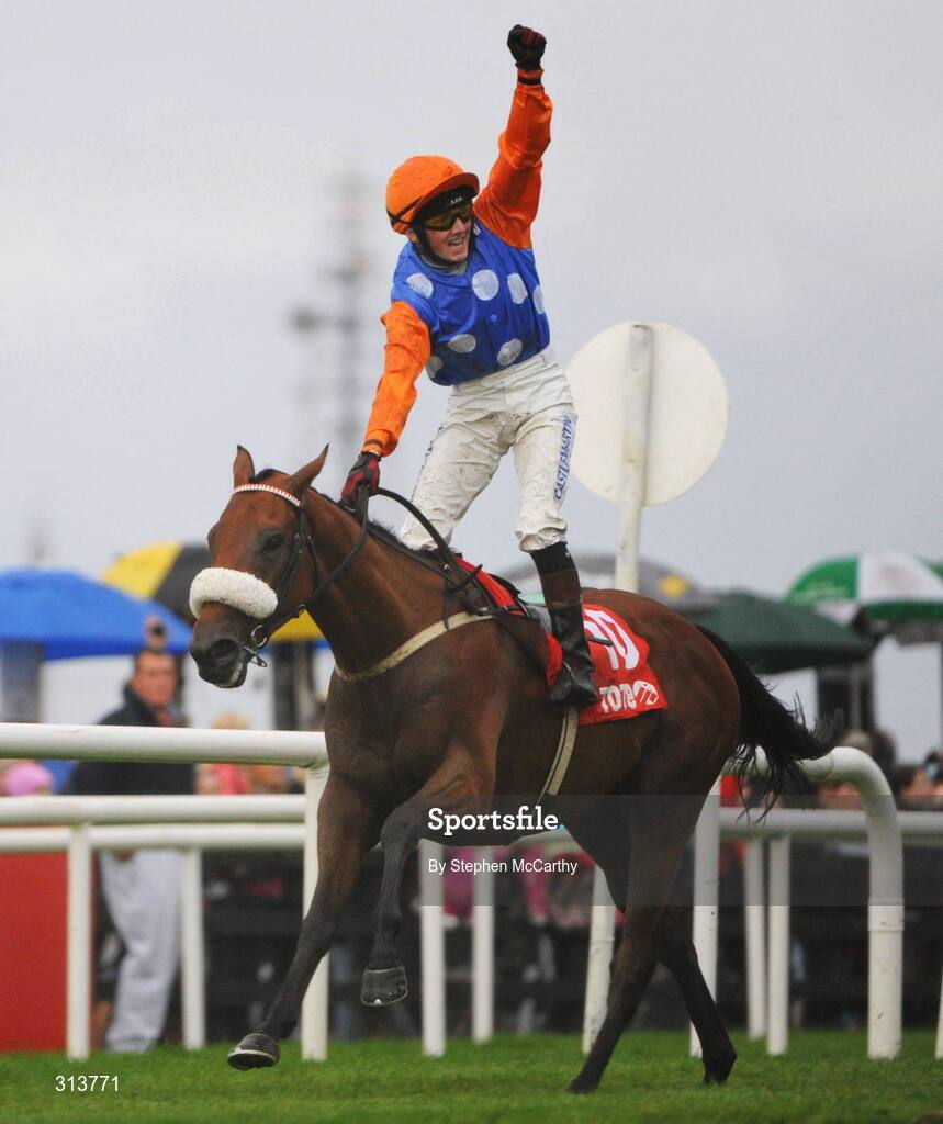 29 July 2008; Chris Hayes celebrates after crossing the line to win the Tote Galway Mile European Breeders Fund Handicap, onboard Celtic Dane. Galway Racing Festival - Tuesday, Ballybrit, Galway. Picture credit: Stephen McCarthy / SPORTSFILE