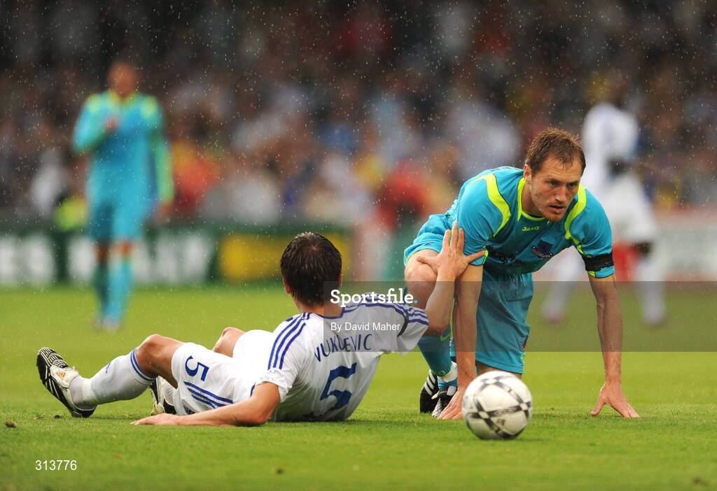 29 July 2008; Adam Hughes, Drogheda United, in action against Ognjen Vukojevic, Dynamo Kyiv. Drogheda United v Dynamo Kyiv - UEFA Champions League 2nd Qualifying Round, Dalymount Park, Dublin. Picture credit: David Maher / SPORTSFILE