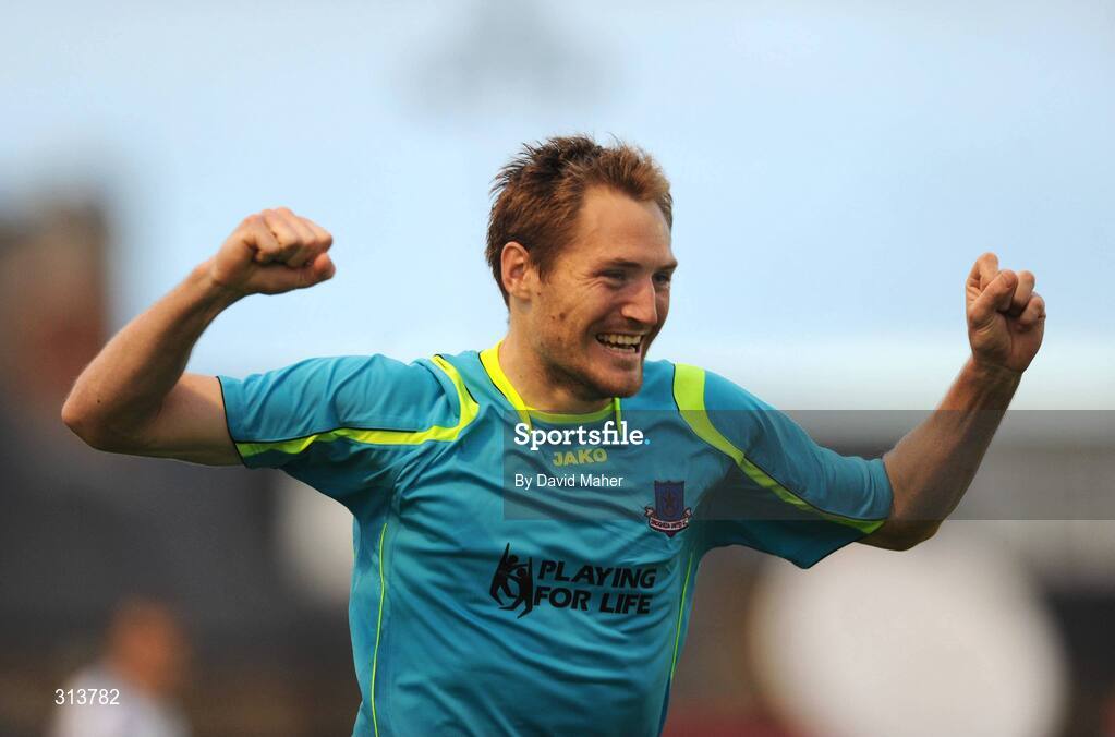 29 July 2008; Adam Hughes, Drogheda United, celebrates after scoring his side's first goal. Drogheda United v Dynamo Kyiv - UEFA Champions League 2nd Qualifying Round, Dalymount Park, Dublin. Picture credit: David Maher / SPORTSFILE