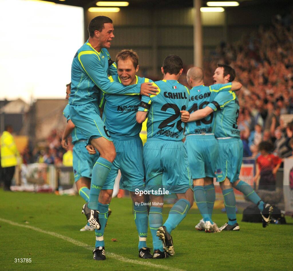 29 July 2008; Adam Hughes, centre, Drogheda United, celebrates after scoring his side's first goal with team-mates Graham Gartland, left and Ollie Cahill. Drogheda United v Dynamo Kyiv - UEFA Champions League 2nd Qualifying Round, Dalymount Park, Dublin. Picture credit: David Maher / SPORTSFILE