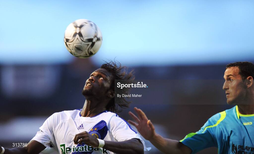 29 July 2008; Pape Diakhate, Dynamo Kyiv, in action against Eamon Zayed, Drogheda United. Drogheda United v Dynamo Kyiv - UEFA Champions League 2nd Qualifying Round, Dalymount Park, Dublin. Picture credit: David Maher / SPORTSFILE