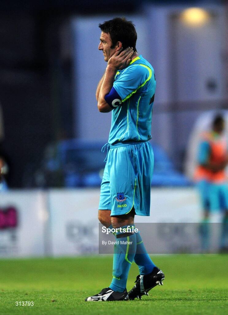 29 July 2008; A dejected Drogheda United captain Stuart Byrne at the end of the game. Drogheda United v Dynamo Kyiv - UEFA Champions League 2nd Qualifying Round, Dalymount Park, Dublin. Picture credit: David Maher / SPORTSFILE
