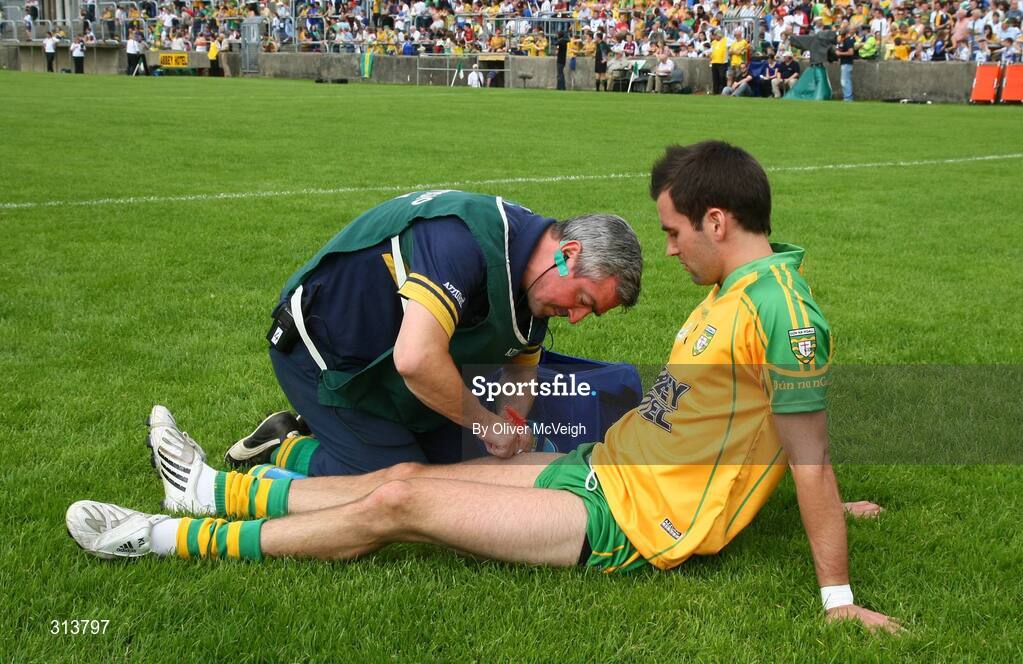 24 July 2008; Donegal's Karl Lacey receives attention from the physio before the game. GAA Football All-Ireland Senior Championship Qualifier - Rd 2, Donegal v Monaghan, Ballybofey, Co. Donegal. Picture credit: Oliver McVeigh / SPORTSFILE