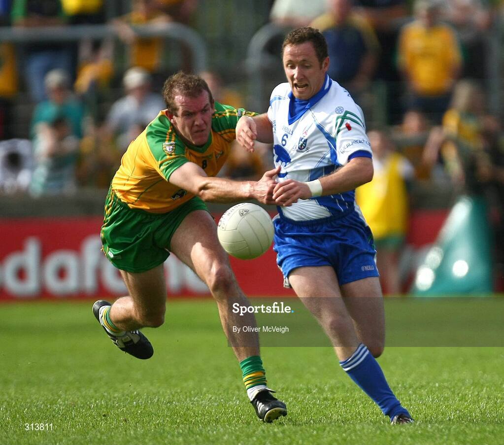 24 July 2008; Vincent Corey, Monaghan, in action against Neil McGee, Donegal. GAA Football All-Ireland Senior Championship Qualifier - Rd 2, Donegal v Monaghan, Ballybofey, Co. Donegal. Picture credit: Oliver McVeigh / SPORTSFILE