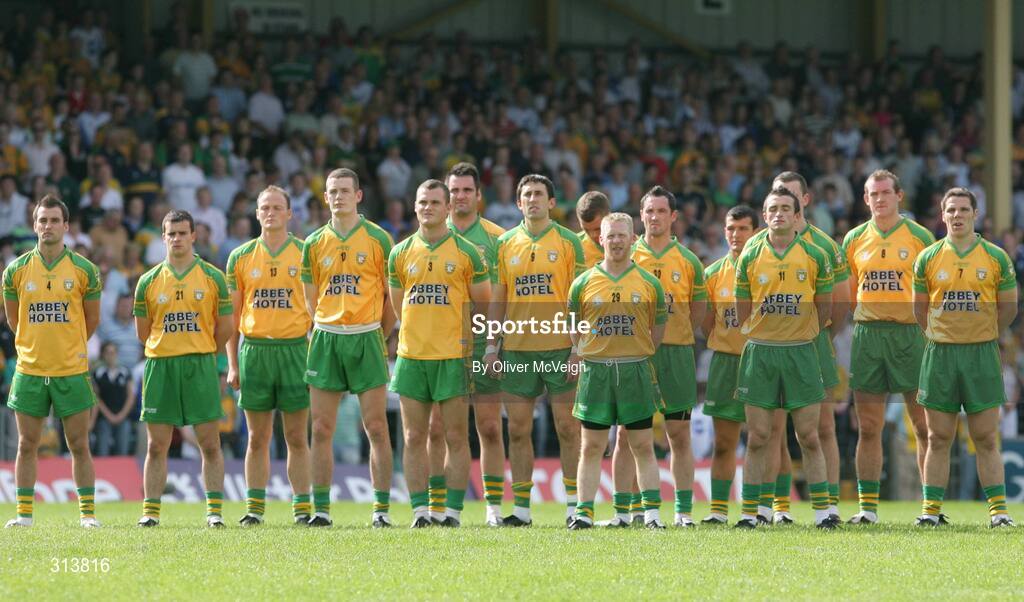 24 July 2008; The Donegal team stand for the National Anthem. GAA Football All-Ireland Senior Championship Qualifier - Rd 2, Donegal v Monaghan, Ballybofey, Co. Donegal. Picture credit: Oliver McVeigh / SPORTSFILE