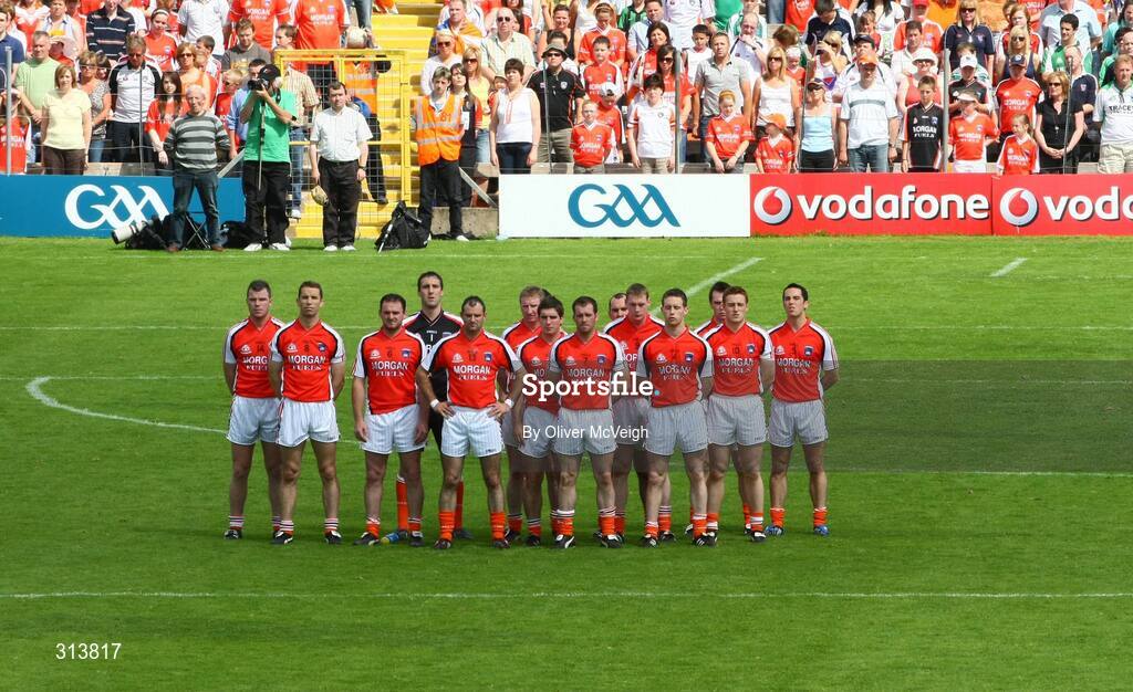 27 July 2008; The Armagh team stand for the National Anthem. GAA Football Ulster Senior Championship Final replay, Armagh v Fermanagh, St Tighearnach's Park, Clones, Co. Monaghan. Picture credit: Oliver McVeigh / SPORTSFILE *** Local Caption *** S0807107 Armagh v Fermanagh OMcV