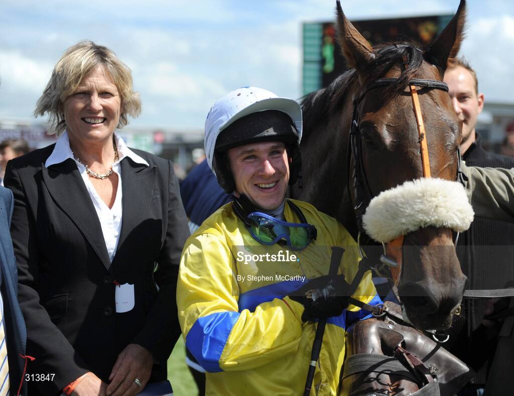 30 July 2008; Jockey Andrew Leigh after winning the William Hill In Ireland Novice Hurdle on Desert Abbey with trainer Jessica Harrington. Galway Racing Festival, Ballybrit, Galway. Picture credit: Stephen McCarthy / SPORTSFILE