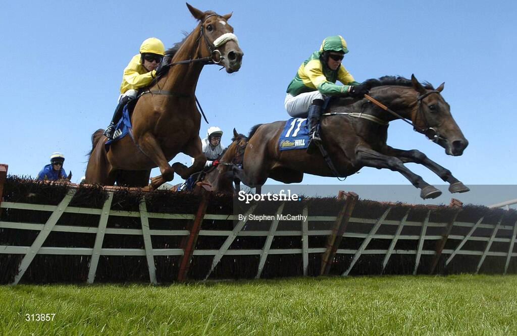 30 July 2008; Good Thyne Diva, with Edward Power up, jumps ahead of Burren Moonshine, with Denis O'Regan up, during the williamhill.ie Handicap Hurdle. Galway Racing Festival, Ballybrit, Galway. Picture credit: Stephen McCarthy / SPORTSFILE